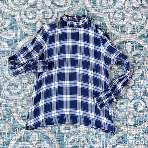 LOFT Blue Plaid Ruffle Mock Neck Blouse Long Sleeve Top - Size M - Picture 2 of 6